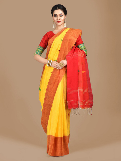 

Mitera Yellow & Red Cotton Blend Solid Taant Saree