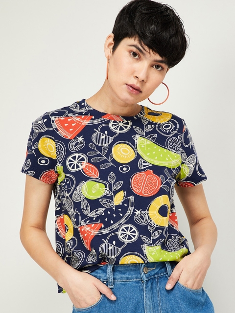 

Ginger by Lifestyle Women Navy Blue & Orange Printed Round Neck T-shirt