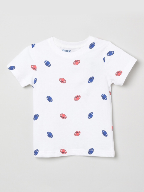 

max Boys White Printed Cotton Round Neck Pure Cotton T-shirt