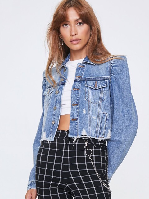 

FOREVER 21 Women Blue Solid Denim Jacket