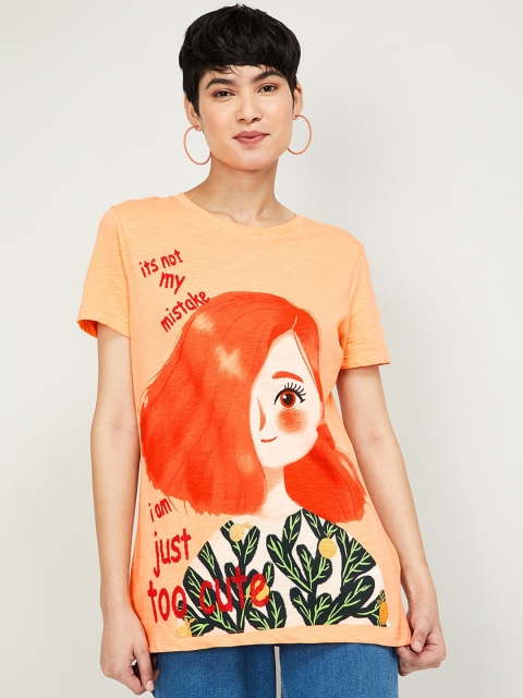 

Ginger by Lifestyle Women Orange Printed Round Neck Longline T-shirt