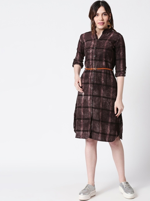 

TERQUOIS Women Brown Checked Shirt Dress