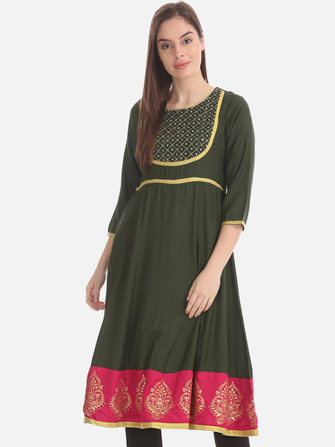 

Anahi Women Olive Green Yoke Design Anarkali Kurta