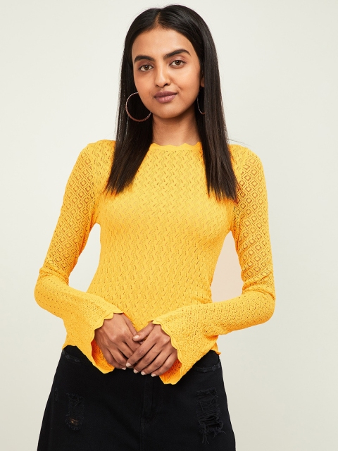 

Ginger by Lifestyle Women Yellow Self Design Fitted Top