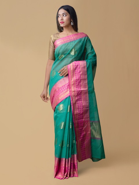 

Unnati Silks Green & Pink Silk Cotton Solid Kota Saree