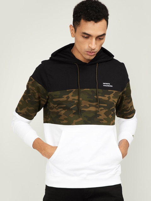

Forca Men White & Olive Green Camo Printed Hooded Sweatshirt