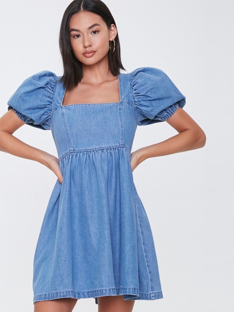 

FOREVER 21 Women Blue Solid Fit and Flare Dress