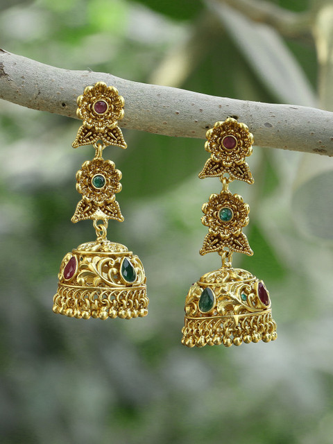

Adwitiya Collection 24 CT Gold-Plated & Green Dome Shaped Jhumkas
