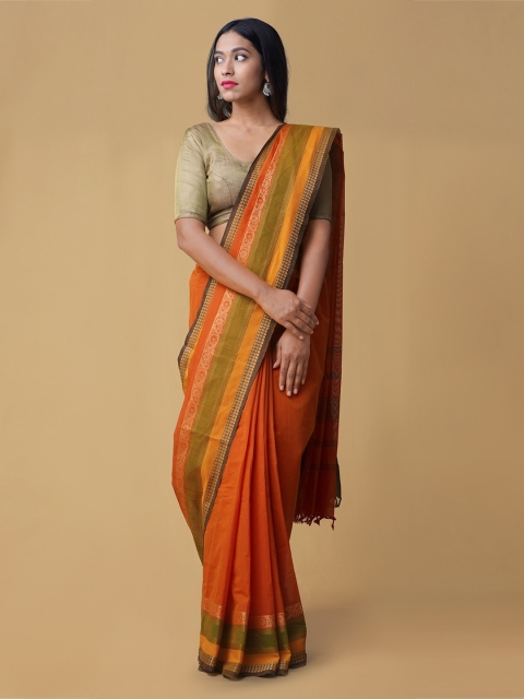 

Unnati Silks Orange & Green Pure Cotton Pavni Solid Saree