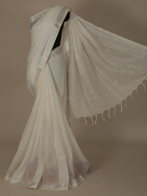 

Pothys White Solid Pure Linen Saree