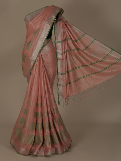 

Pothys Peach-Coloured & Silver-Coloured Pure Linen Woven Design Saree