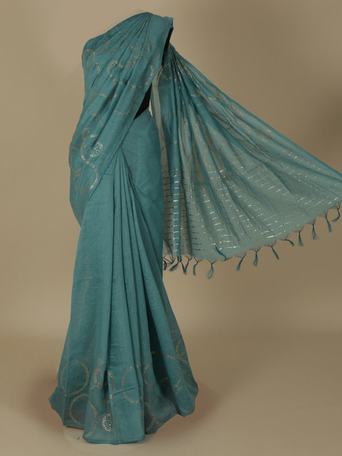 

Pothys Blue & Silver-Toned Jute Silk Embellished Saree