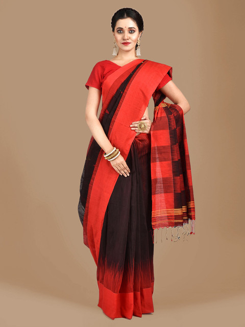 

Mitera Black & Red Cotton Blend Woven Design Saree