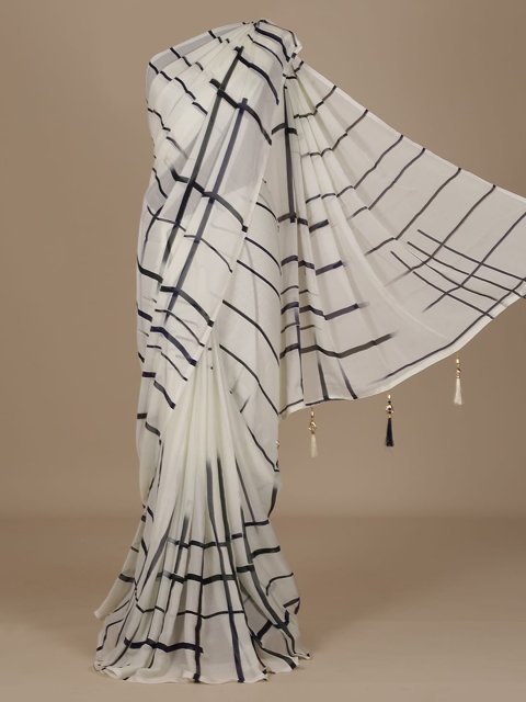 

Pothys White Striped Poly Chiffon Saree