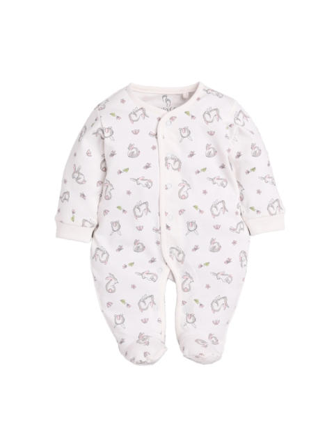 BABY GO Infant Girls Off-White & Grey Bunny Print Sleepsuit