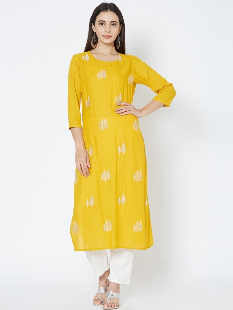 

FASHOR Women Yellow & White Embroidered Straight Kurta