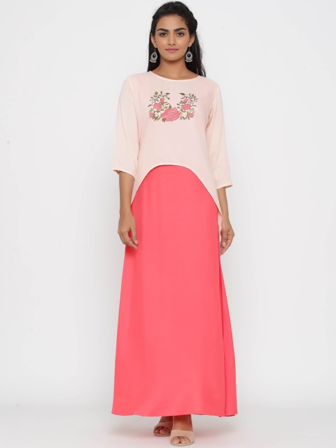 

WomenMagic Women Peach-Coloured & Pink Colourblocked A-Line Kurta