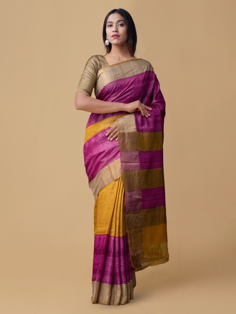 

Unnati Silks Yellow & Pink Pure Silk Woven Design Tussar Saree