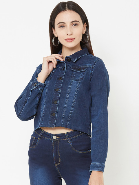 

Kraus Jeans Women Navy Blue Solid Crop Denim Jacket