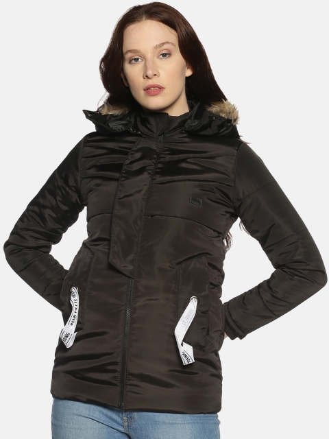

Campus Sutra Women Black Solid Windcheater Padded Jacket with Detachable Hood