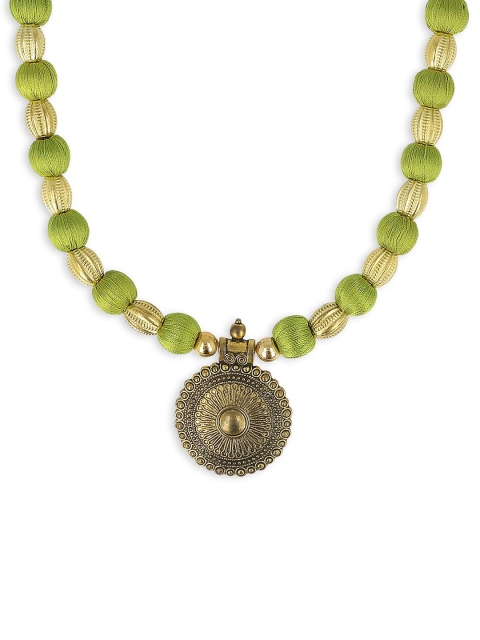 

AKSHARA Women Green & Gold-Toned Handcrafted Long Brass Necklace
