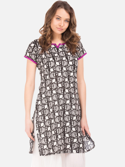 

Karigari Women Black & Off-White Floral Print A-Line Kurta