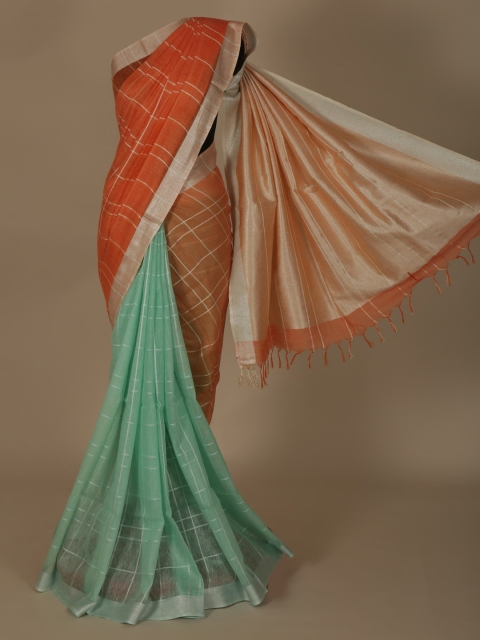 

Pothys Orange & Sea Green Pure Linen Checked Saree
