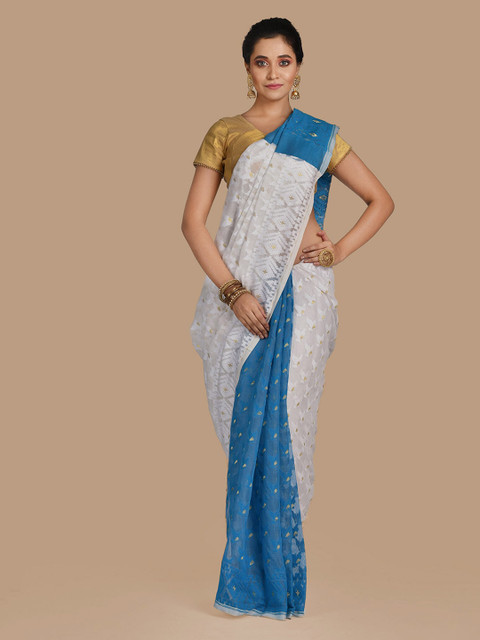 

Mitera White & Blue Silk Cotton Woven Design Jamdani Saree