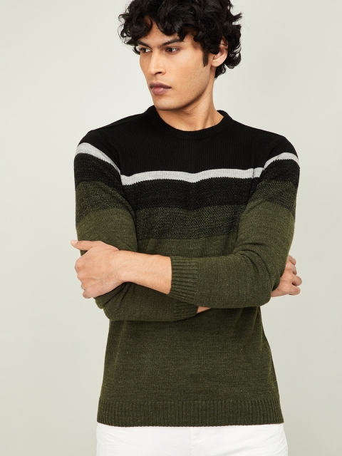 

CODE by Lifestyle Men Olive-Green & Black Striped Pullover Sweater