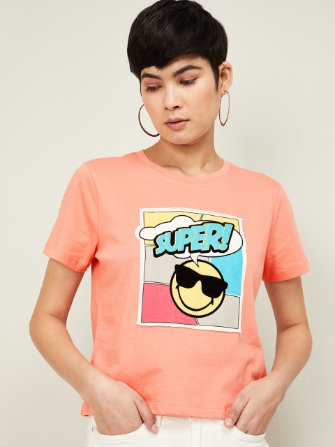 

Smiley World Women Orange & Blue Printed Round Neck T-shirt