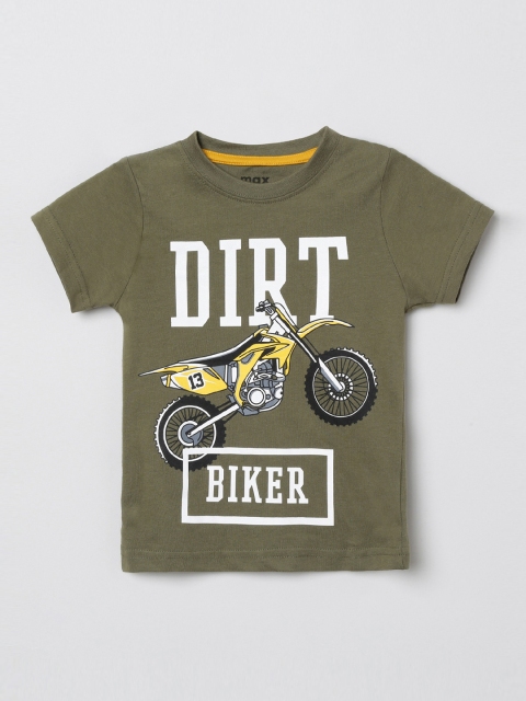 

max Boys Olive Green Printed Cotton Round Neck Pure Cotton T-shirt
