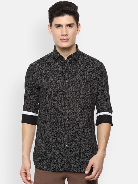 

V Dot Men Black Slim Fit Printed Casual Shirt