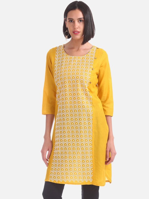 

Karigari Women Mustard Yellow Embroidered Straight Kurta