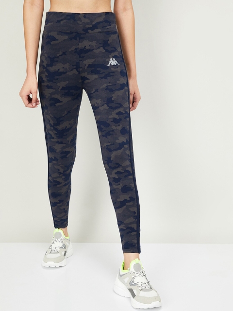 Kappa Women Navy Bleu & Green Printed Track Pants, Navy blue