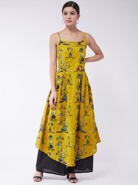 

InWeave Women Mustard Yellow & Blue Printed Anarkali Kurta