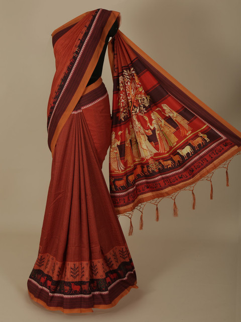 

Pothys Orange & Black Jute Silk Checked Saree