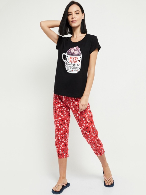 

max Women Black & Red Printed T-Shirt & Capris Night Suit