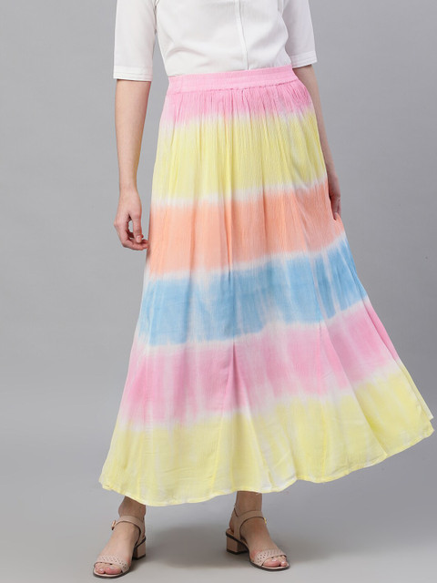 

Ishin Women Pink & Yellow Tie & Dye Maxi Flared Skirt