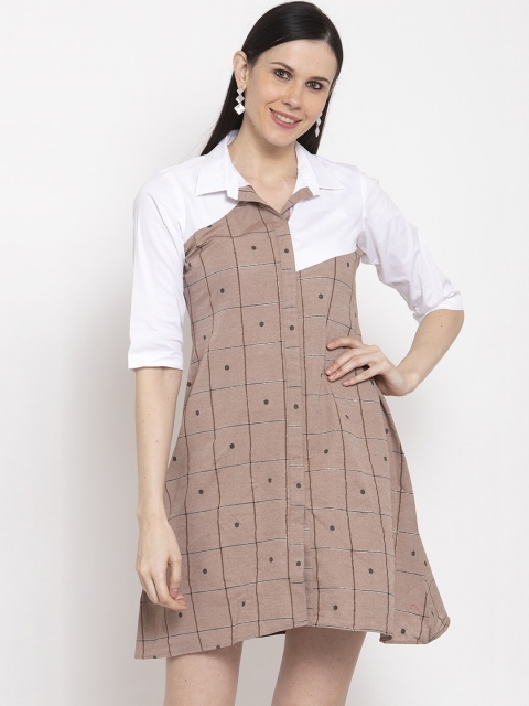 

DUGRI BE THE ONE Women Brown & White Colourblocked Shirt Dress