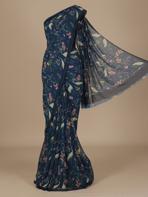 

Pothys Navy Blue & Green Poly Chiffon Printed Saree