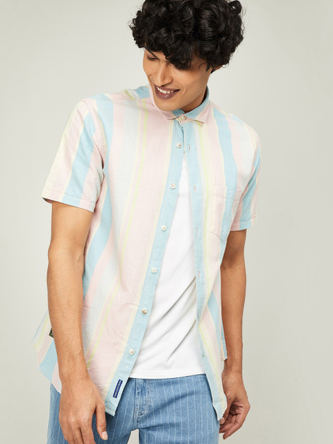 

Forca Men Pink & Blue Slim Fit Striped Casual Shirt