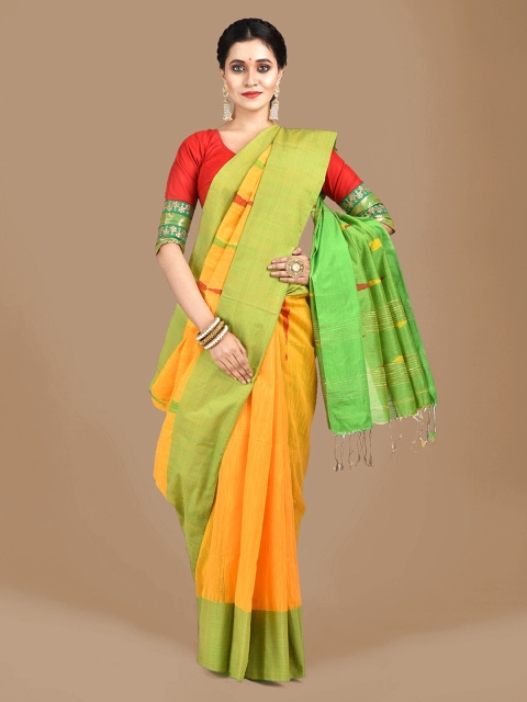 

Mitera Yellow & Green Cotton Blend Woven Design Saree