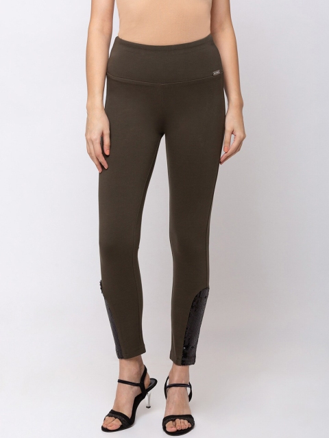 

SHECZZAR Women Olive-Green Solid Slim-Fit Treggings