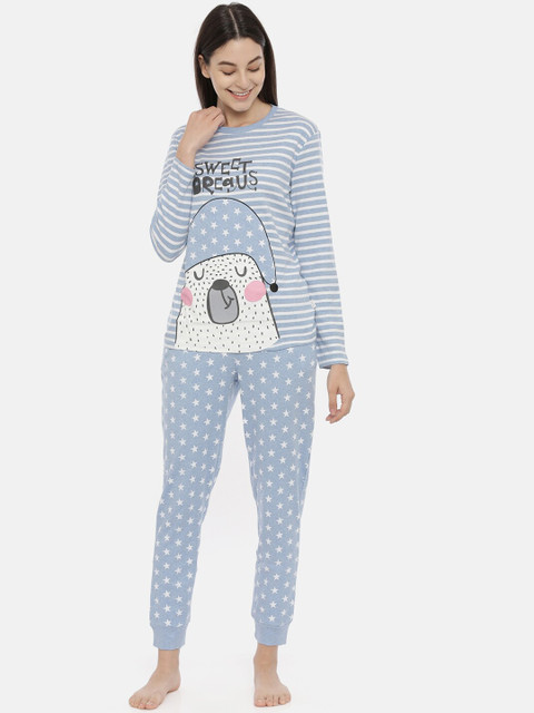 

Snarky Gal Women Blue & White Printed Night Suit