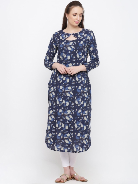

Indian Virasat Women Navy Blue & Off-White Printed Straight Kurta
