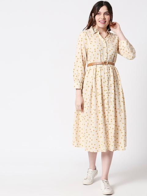 

TERQUOIS Women Cream-Coloured Printed A-Line Dress With Belt