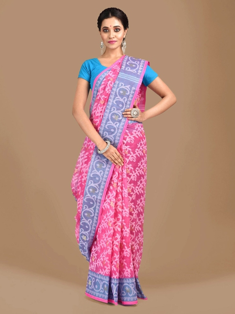 

Mitera Pink & Blue Pure Cotton Printed Jamdani Saree