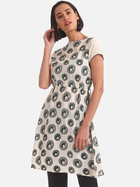 

Karigari Women Cream-Coloured & Green Printed A-Line Kurta