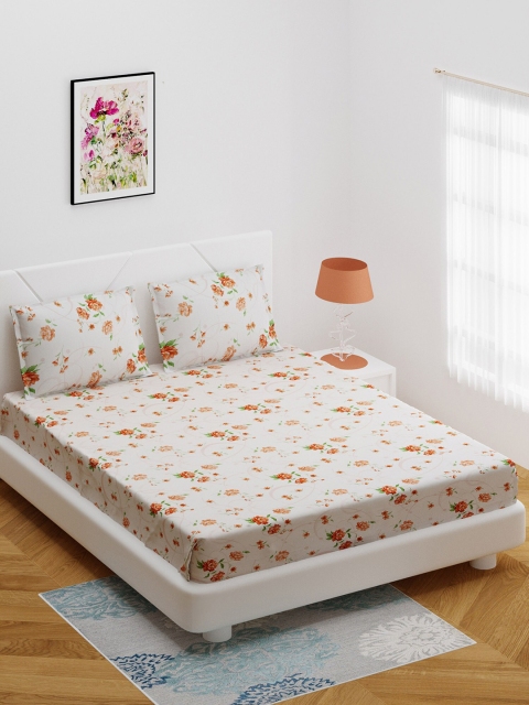 

BOMBAY DYEING White & Orange Floral Printed 164 TC Cotton 1 Queen Bedsheet With 2 Pillow Covers