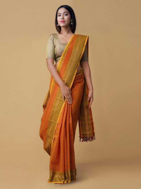 

Unnati Silks Orange Solid Pure Kanchi Cotton Saree